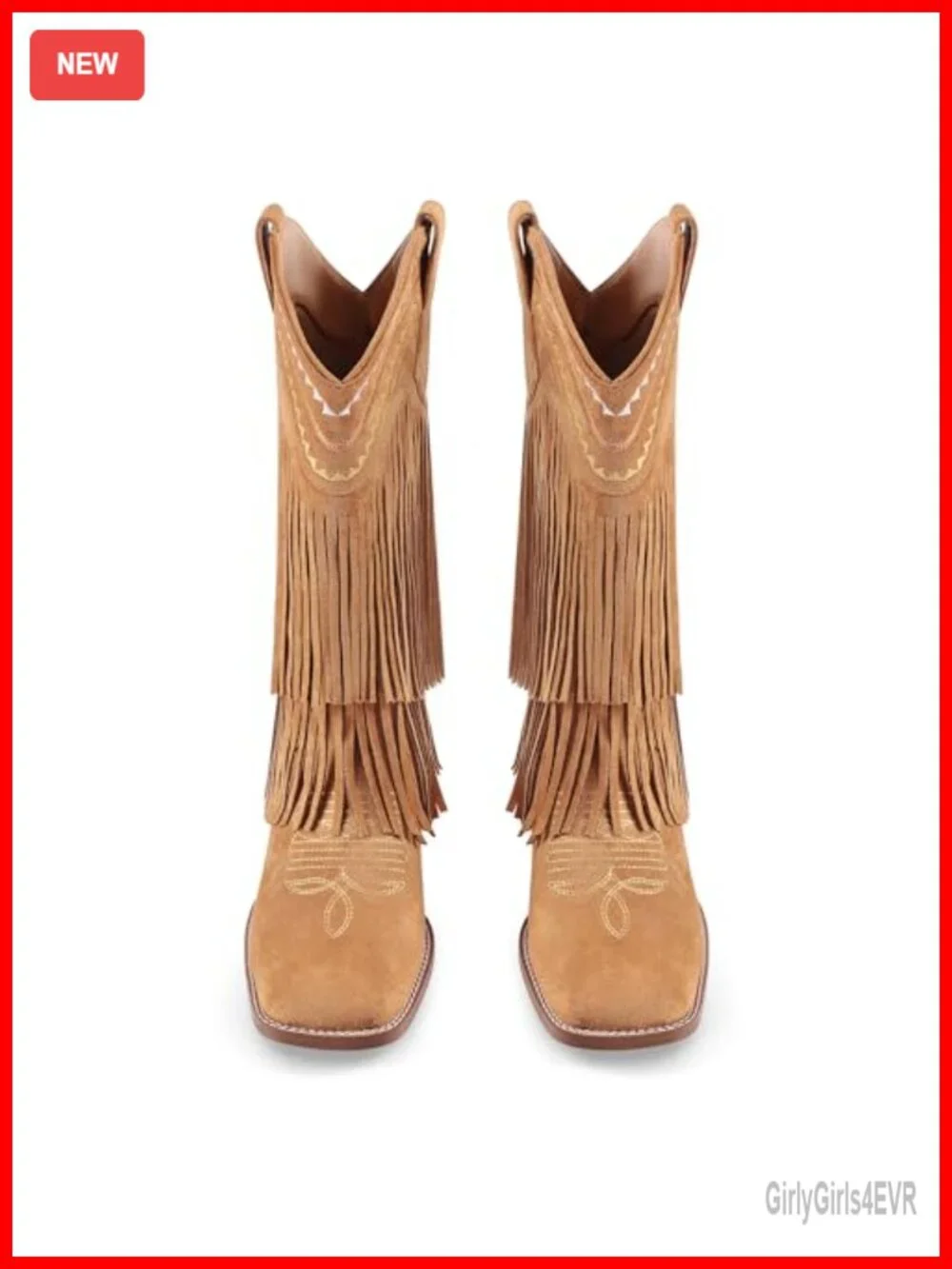 Fringe Mid Calf Cowgirl Boots Low Chunky Block Heel Square Toe Pull On Western